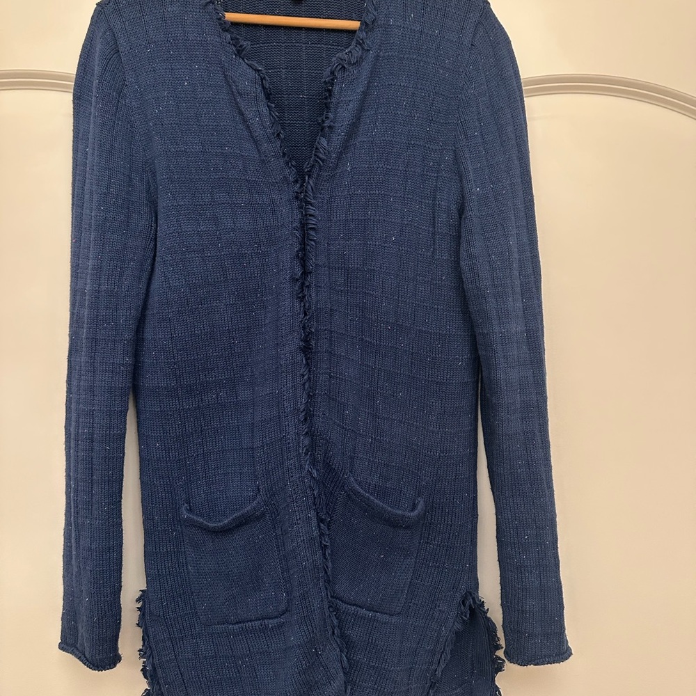 CAbi Navy Blue Duchess Speckled Fringe Cardigan w/ pockets Style# 181
